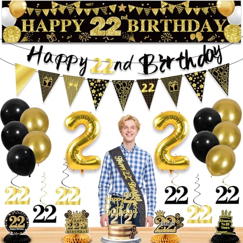 Image of 22nd Birthday Decorations for Men, Black Gold 22nd Party Decoration Kits | 27pcs Happy 22nd Birthday Set:, Banner, Honeycomb, Balloons, Gold Number, Candle, Hanging Swirls, Cake Topper, Party Supplies