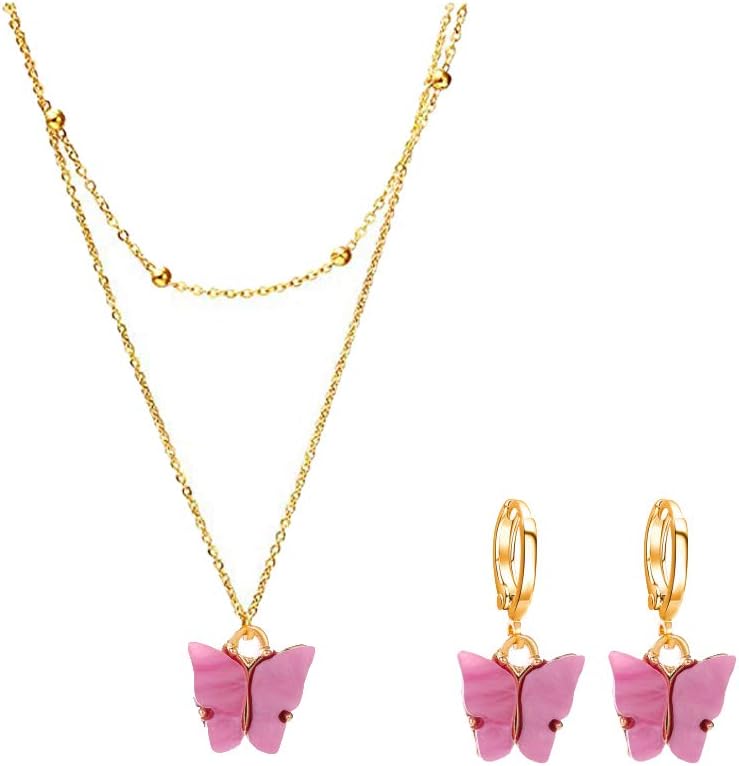 Picano Gold Color Women Butterfly Hoop Earrings Pendant Double Layer Necklace Statement Choker Necklace Jewelry Set Gifts(purple)