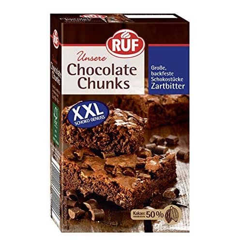 RUF Chocolate Chunks Zartbitter, Backfeste, dunkle Schokoladen-Tropfen, XXL Schoko-Drops zum Backen, vegane Schokoladen-Stücke, glutenfrei, 1x100g