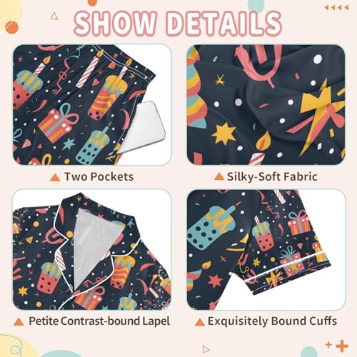senya Happy Birthday Cake Satin Summer Pajama Sets Silk Short Sleeve Button Down Sleepwear3