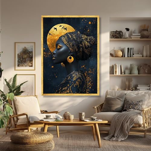 Portrait de femme noire sur toile poster lune dorée 30x40cm