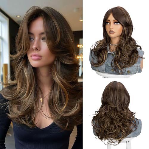 Aientt Dark Brown Mix Highlight Honey Blonde Layered Wig with