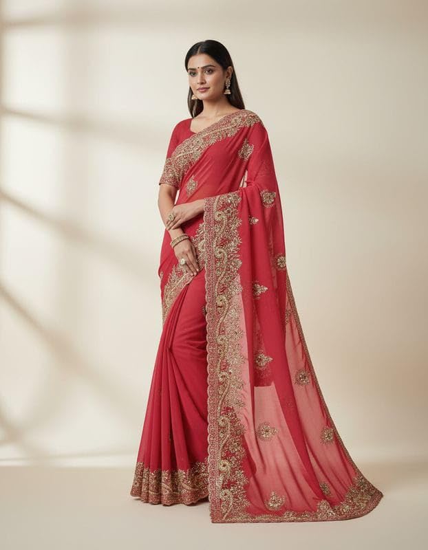 Image of Women's Red Heavy Embroidered Saree with Rich Zari Work & Designer Border | Bridal & Wedding Traditional Ethnic Wear