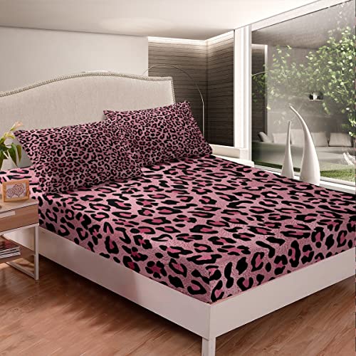Homewish WWS9621GYY-CL_USF Pink Leopard Print Fitted Sheet Full Size,Cheetah Bedding Set 3Pcs For Kids Teens Girls Adults Room Decor,Wild Animal Skin Texture Bed Cover Romantic Fashion Bed Sheet Set thumb #2