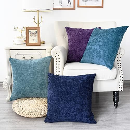 CaliTime Throw Pillow Covers Set of 4 Modern Multi-Color Matching Cozy Soft Chenille Cushion Cases Shells for Couch Sofa Home Decor 20 X 20 Inches Navy Purple Ocean Smoke Blue