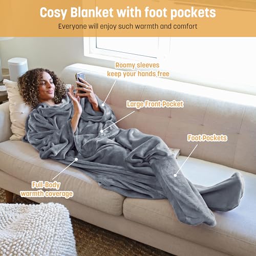 Image of Catalonia Wearable Fleece Blanket with Sleeves and Foot Pockets for Adult Women Men,Micro Plush Comfy Wrap Sleeved Throw Blanket Robe Large,Grey