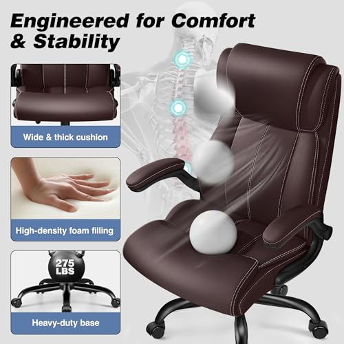 Image of BESTFAIR Ergonomic High Back Office Chair, Adjustable Lumbar, Coffee 2 Pack | Inflatable Lumbar Support For Custom Comfort, Flip-Up Arms, 21 inch Wide Seat, Scratch-Resistant Pu Leather, Rocking & Heavy-Duty