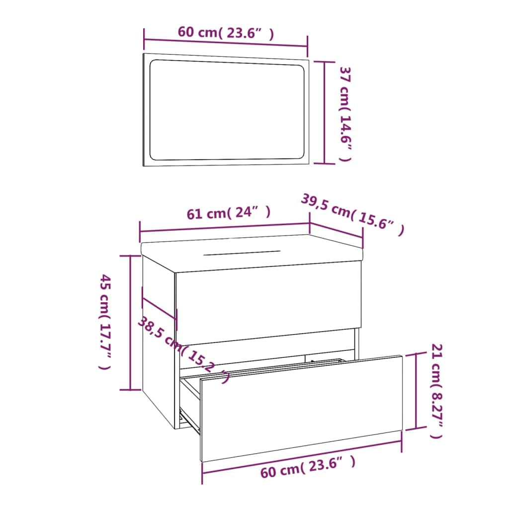 vidaXL Set de Muebles de Baño Espejo Lavabo Armario Almacenamiento Colgante Suspendido Pared Estante Cajones Madera Contrachapada Gris Sonoma