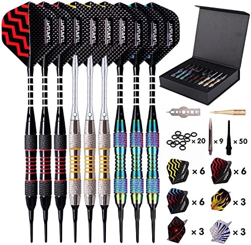 Darts Plastic Tip - Professional Soft Tip Darts Set for Electronic Dartboard 9 Pcs 18 Grams with 50 Extra Tips 9 Shafts 27 Flights Tool Kit Flight Protectors and Gift Darts Case (Color)