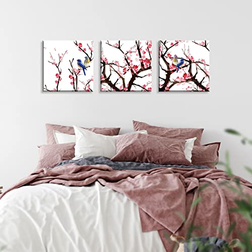 Nan Wind Traditional Chinese Bird Painting On Peach Trees Canvas Prints Set Of 3 Wood Framed 16X16 Inches Wall Art Plum Blossom Print #TOP3