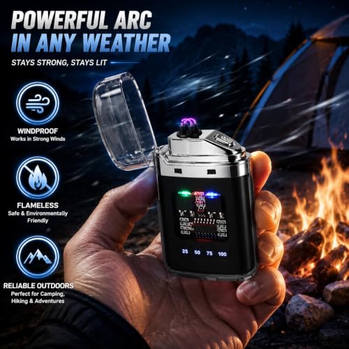 Image of Rechargeable Electric Dual Arc Lighter Windproof USB Type-C - Dual Plasma Flameless Lighters for Cigarette, Windproof Smart Lighter for Men, Camping, Outdoor & Travel (Black)
