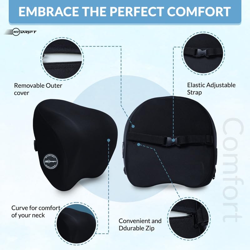 Image of Neodrift 'CurveNeck Pro' (Set of 2) | (Color - Black (Neck Rest Cushion Orthopedic Velvet Memory Foam Pillow for Neck, Head, Shoulder Support) Pain Relief for Car