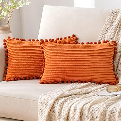 EMEMA Cushion Covers Corduroy Square Throw Pillow Covers Striped Soft Sham Home for Sofa Couch Bedroom Decorative Pillowcases 16x16 Inch 40x40cm Set of 2 Red