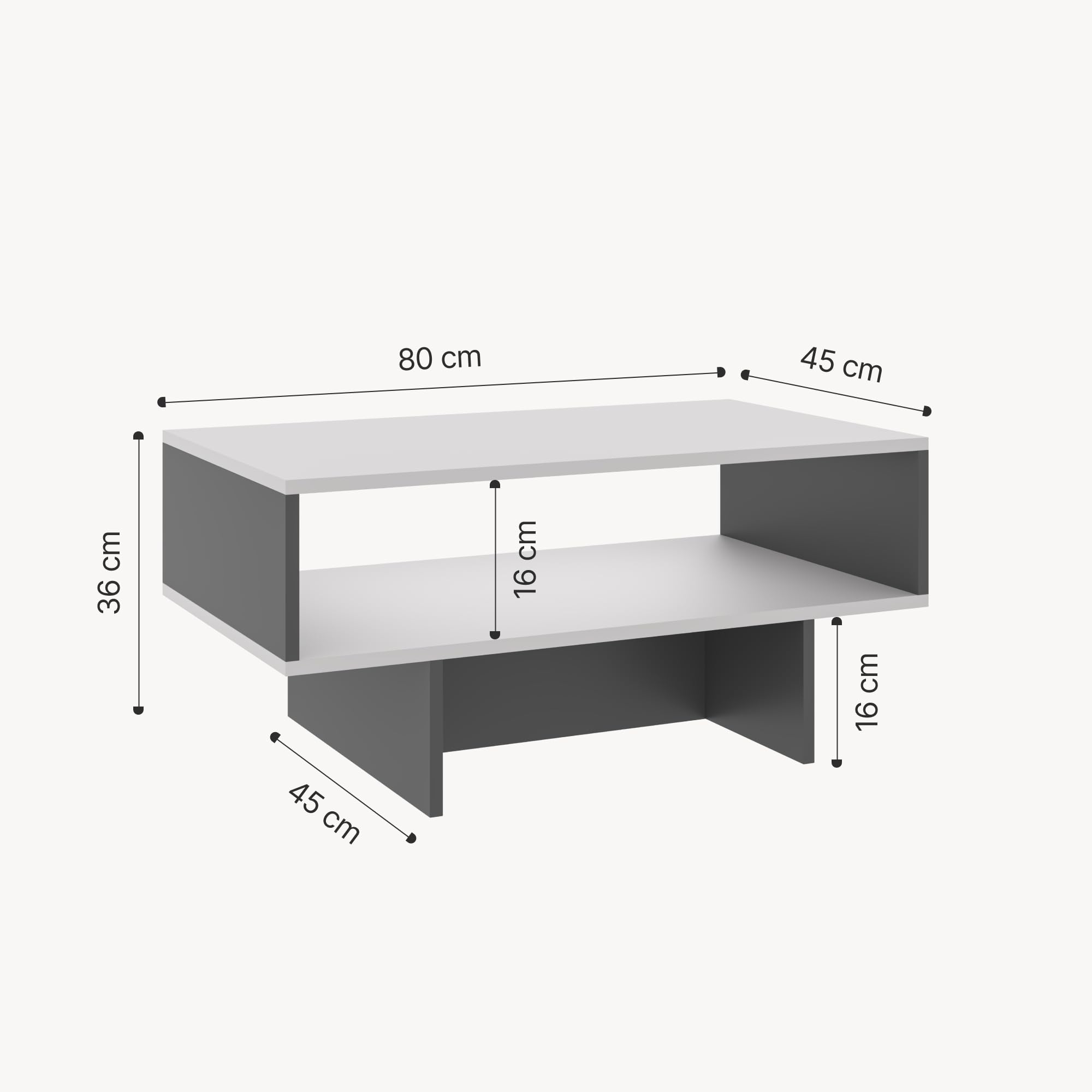 [en.casa] Tavolino da Salotto (AxLxP): 36,4 x 80 x 45 cm Tavolino Basso da Divano Tavolino a 2 Piani di Appoggio Rettangolare - Bianco/Antracite