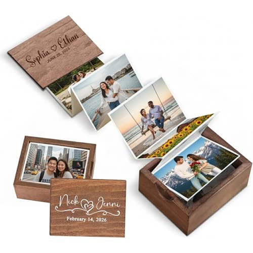 Personalized Pull Out Photo Wooden Box – Mini Photo Album Collection, Memory Keepsake Box - Custom Picture Gift for Couples, Wedding, Birthday, Christmas, Anniversary - Valentine Gifts for Him & Her