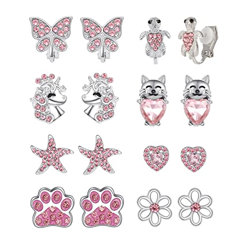 8 Pairs Clip on/Stud Earrings for Girls kids Hypoallergenic Cute Clip-on Earrings for Childrens Toddler Teen Unicorn Butterfly Turtle CZ Clip Stud Earrings Pink Jewelry Gift 3 Years Old+