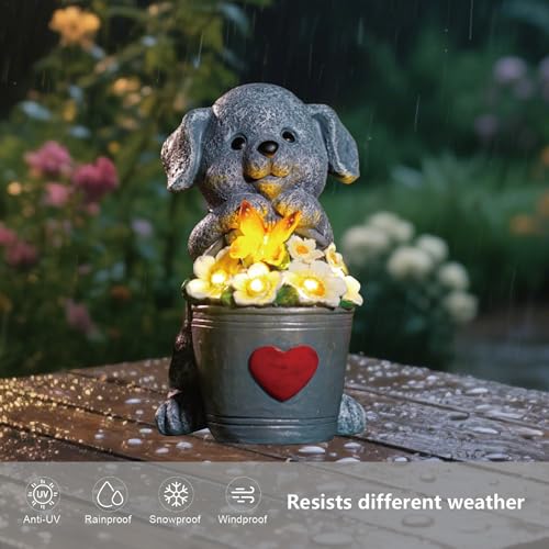 yiilead 17cm Solar Hund Gartendeko,Hund Gartenfiguren mit Schmetterlinge für außen,Geschenke für Frauen,Einzigartige Housewarming für Mütter, Liebhaber Geschenke