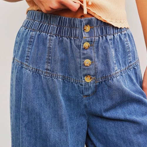 loveimgs Women Casual Boyfriend Elastic Waist Baggy Wide Leg Jeans Denim Sweatpants Y2k Boho Flare Denim Palazzo Pants2