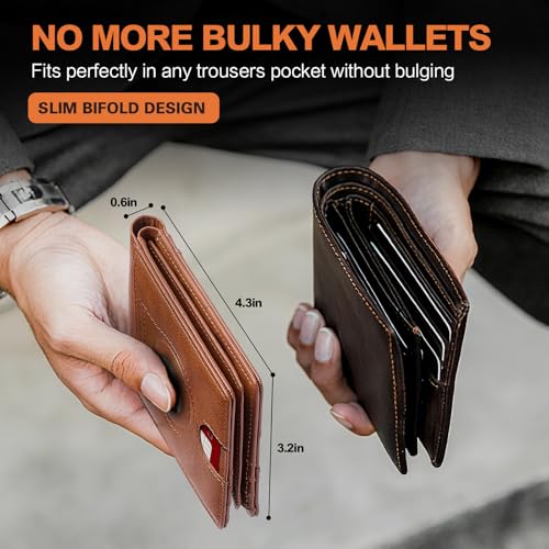 Image of Wallet for Men Slim RFID Blocking Bifold Carbon Fiber,Minimalist Small Compact Front Pocket Credit Card Holder,Thin Mens Leather Wallets Smart Security With 2 ID windows 1 Cash (Caramel Brown)