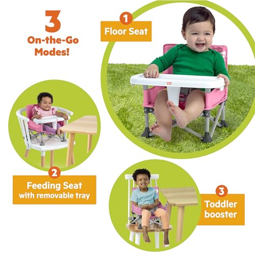 Image of Bright Starts Pop 'N Sit Portable Booster, Indoor /Outdoor Use, Floor Seat with Feeding Tray, Pink, 6 Mos - 3 Yrs (Pack of 2)