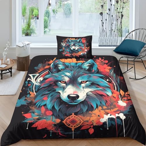 Ensemble de literie loup 3D premium - Housse de couette 135x200cm finition microfibre soyeuse - 2