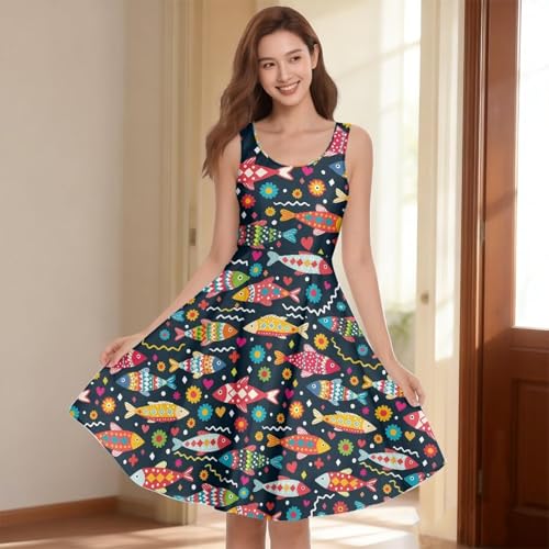 Image of Women's Casual Loose Sundress Midi Sleeveless Crewneck Dress Summer Beach Tank Dress with Pockets