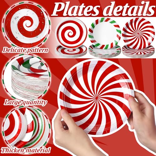 Image of Fourluoo 96 Pcs Christmas Candy Paper Plates 7 inch Disposable Peppermint Dinner Plates for Xmas Birthday Party Table Decoration Supplies