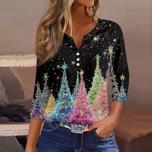 Image of Women Christmas Shirt 3 /4 Length Sleeve Henley Tops Xmas Outfits