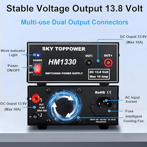 13.8V 30A DC Power Supply,Compact 30amp Power Supply for Ham Radio,Regulated Home Bench AC to DC Converter for CB,Radio,Cooling Fan,Screw-type and Safety Output Terminals,Cable Lug,SKY TOPPOWER HM13302