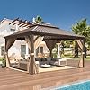 EROMMY 12'x14' Hardtop Gazebo Double Roof Galvanized Steel Canopy Outdoor Aluminum Frame Permanent Metal Pavilion with Netting and Curtains for Patio Backyard Deck and Lawns