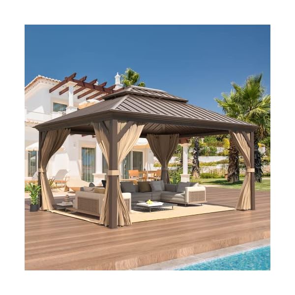 EROMMY 12'x14' Hardtop Gazebo Double Roof Galvanized Steel Canopy Outdoor Aluminum Frame Permanent Metal Pavilion with Netting and Curtains for Patio Backyard Deck and Lawns