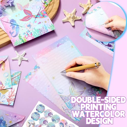 Image of TaoBary 160 Pcs Mermaid Stationery Paper and Envelopes Set 50 Double Sided Lined Stationery Paper with 50 Matching Envelopes and 60 Round Dot Sticker 5.5 x 8.25'' Letter Writing Kit, 10design