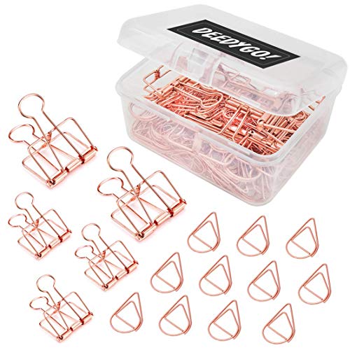 15 Pcs Wire Binder Clips and 65 Pcs Cute Paper Clips, DEEDYGO Assorted Sized Rose Gold Stainless Wire Office Clips with Storage Case