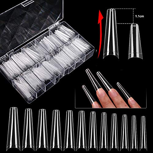 Extra Long Nail Tips - XXL Coffin Clear Nail Tips Acrylic False nails 480pcs Half Cover False Fake Nail Tips with Case for Nail Salons Home, 12 Sizes