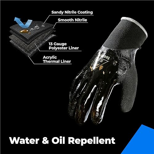 Image of toolant Waterproof Winter Work Gloves, Double Nitrile Oil Resistant Grip | Thermal Insulation, Waterproof Protection in Freezer Work, Construction, Mechanics, Mining, Plumbing, Black, Medium