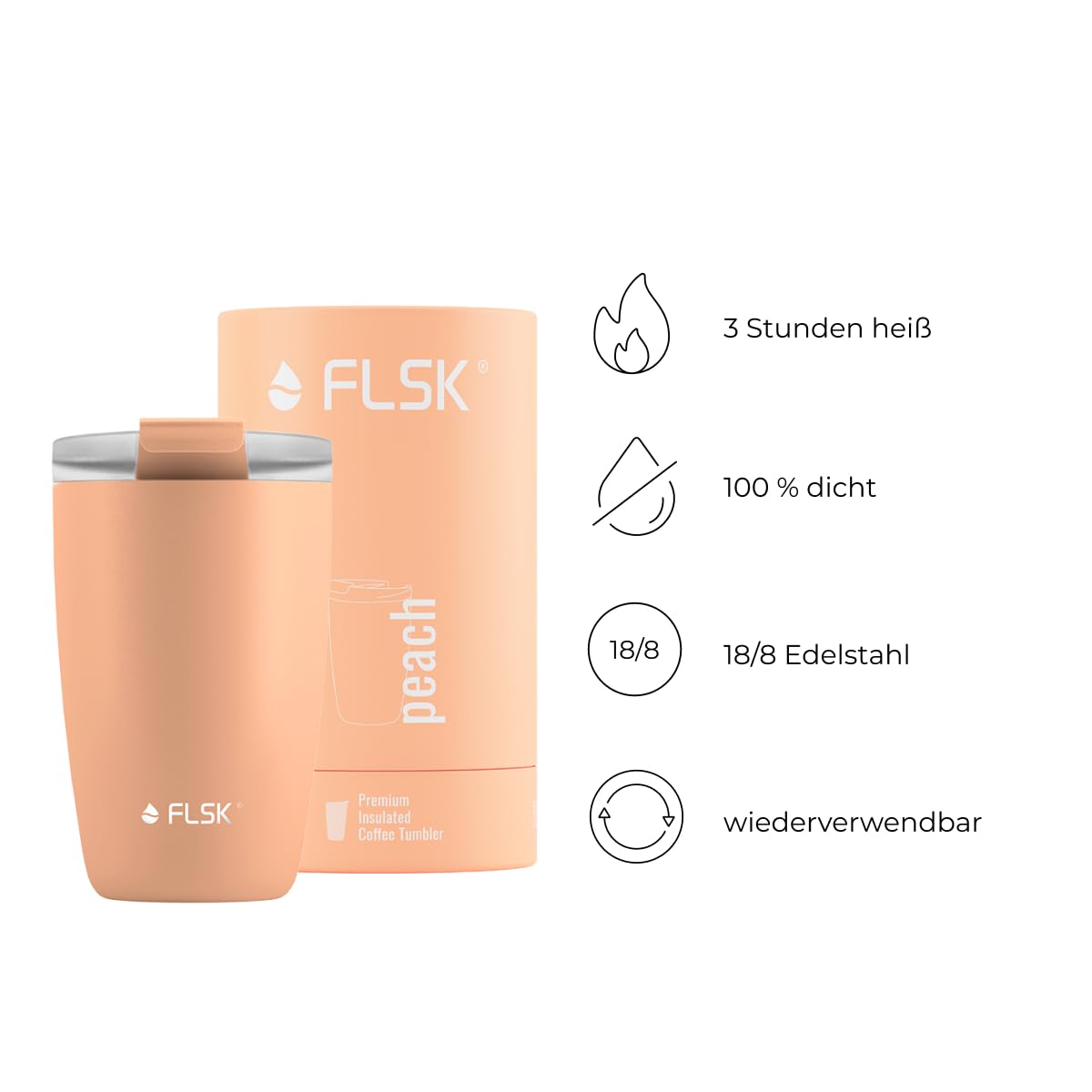 FLSK Kaffeebecher – Premium coffee to go-Becher aus Edelstahl – 100 % auslaufsicher, BPA-frei & doppelwandig – hält 3 h heiß (peach, 500 ml)