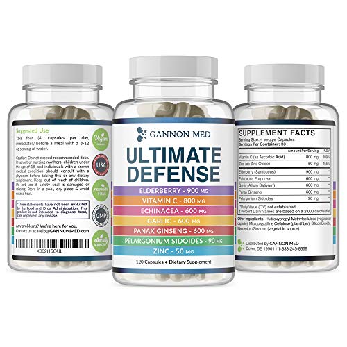 Ultimate Defense - Immune System Support Supplement with Zinc 50mg - Immunity Boost Vitamins for Kids & Adults - Vitamin C, Sambucus Elderberry, Echinacea, Garlic, Ginseng & More - 120 Caps - 1 Pack