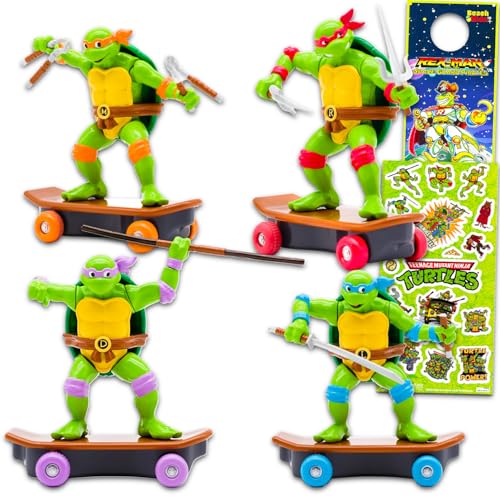 Teenage Mutant Ninja Turtles Racing Toy Set - Bundle with 4 TMNT Sewer Shredder Skateboards for Kids Plus Stickers, More | TMNT Mini Figures for Kids Party Favors