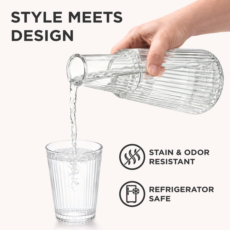 Image of Allo Drinksafe Glass Water Jug With Lid 850ml, Multipurpose Detox Pitcher Jar For Hot & Cold Beverages, Milk, Juice, Iced Tea, Ideal For Gifting, Serving, Dining Table(0.85 Litre Transparent Stripped)