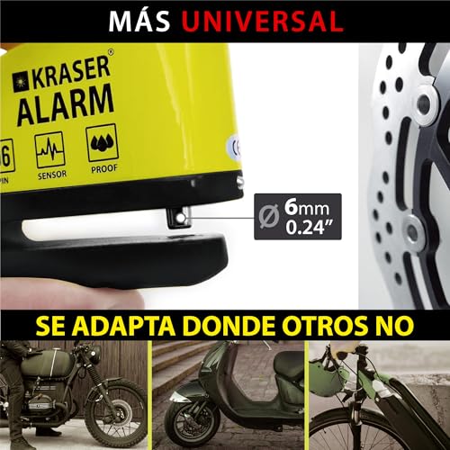 KRASER 6Y Candado Moto con Alarma 110dB, Antirrobo Disco Reforzado, 3 Llaves (Otros 2) Alta Seguridad Impermeable Accesorios Cable Bolsa Pilas, Pinza Bloqueo 6mm Universal Scooter Bicicleta A/N - Imagen 7