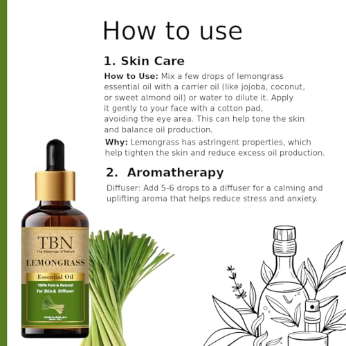 Image of TBN 100% Pure and Natural Lemongrass Essential Oil For Skin, Hair Growth, Bathing, Diffuser | Lemongrass Aroma Oil for Home Fragrance | Best for Aromatherapy | Helps in meditation - 15ML