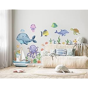 Murwall Kids Undersea Wall Decal Cute Whale with Sea Animals Wall Stickers Little Fish with Seaweed Wall Decals