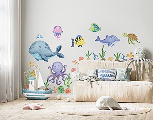 Murwall Kids Undersea Wall Decal Cute Whale with Sea Animals Wall Stickers Little Fish with Seaweed Wall Decals
