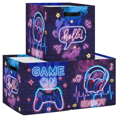 HUUMONSS 30cm Aufbewahrungsbox 3 Stück Gamer Neon Schild Aufbewahrungskorb Kinder Falt Spiel Controller LED Headset mit Griffen Aufbewahrungswürfel Organizer für Spielzeug Bücher Kleidung,Bunte