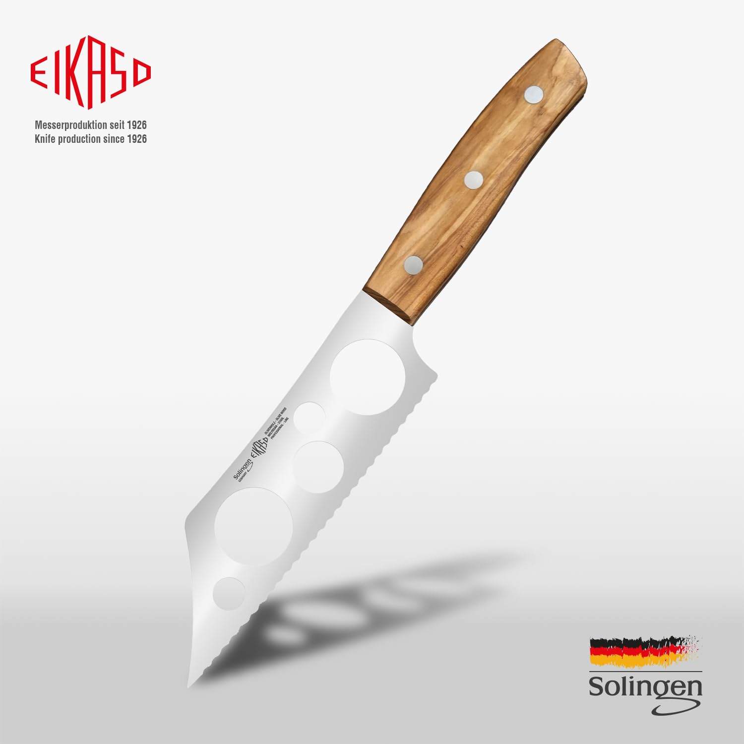 EIKASO Solingen Germany Käsemesser mit Wellenschliff - 14cm Klinge aus Molybdänstahl 1.4116 Weichkäsemesser geeignet für den perfekten und sauberen Schnitt (G-Line Olive)