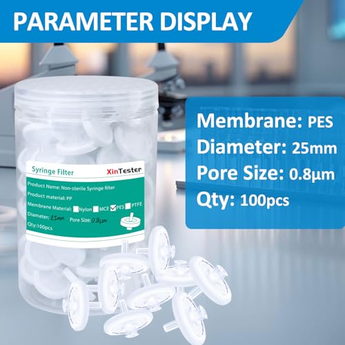 Image of Xin Tester 100 PCS PES Non-Sterile Syringe Filter Membrane 25mm Diameter 0.8um Pore Size Hydroplihic Filtration High Throughput Syringe Lab Filters