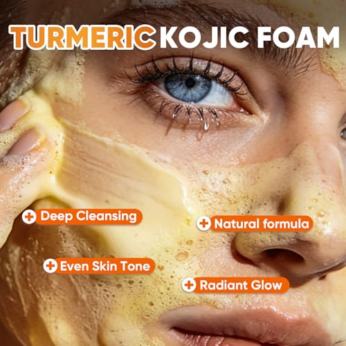 Image of 3Pcs Turmeric Wash Set-Turmeric Face Wash with Brush, 3 Turmeric Kojic Acid Soap Bars(60g), 3 Foaming Nets, Deep Cleansing for Face & Body Cleanser
