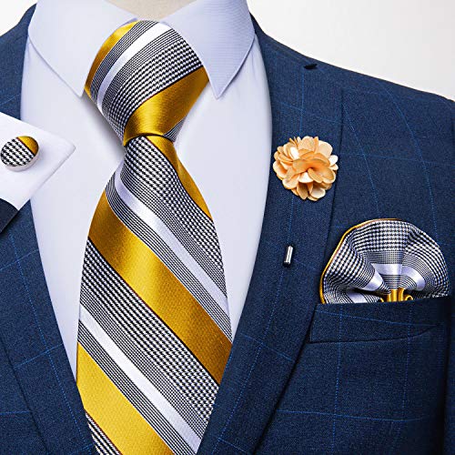 Image of DiBanGu Silk Ties for Men Necktie and Lapel Pin Brooch Set Formal Woven Paisley Plaid Striped Solid Tie Wedding Party