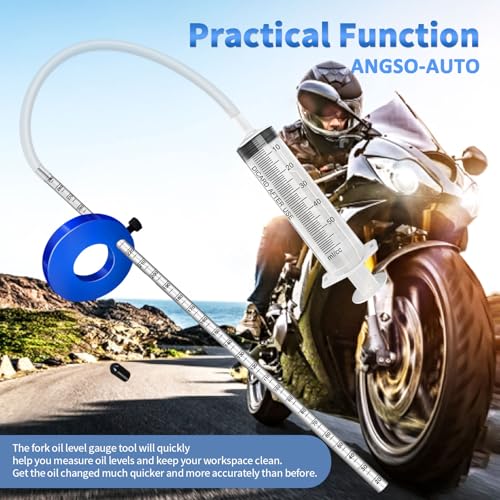 Image of Motorcycle Fork Oil Level Gauge Tool, 300 MM Scale & 60 ML Syringe | Blue Adjustable Ring, Round Rubber End Cap And 60 ML Syringe. Adds Or Removes Fork Oil For Conventional And Cartridge Forks