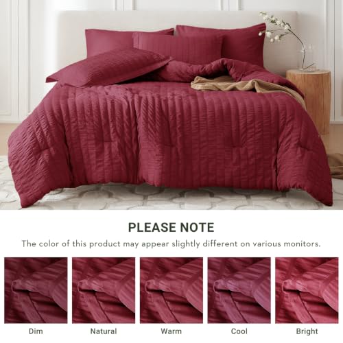 Image of MUXHOMO 7 Pieces King Comforter Set, Seersucker Bed in a Bag King Size, All Season Luxury Bedding Set with Comforter, Flat Sheet, Fitted Sheet, Pillowcases & Shams, Burgundy